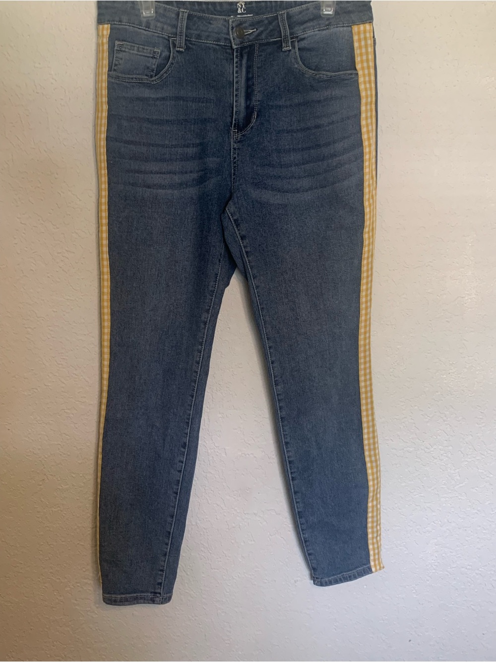 New York & Company Blue Skinny Jeans with Yellow Gingham Side Stripe